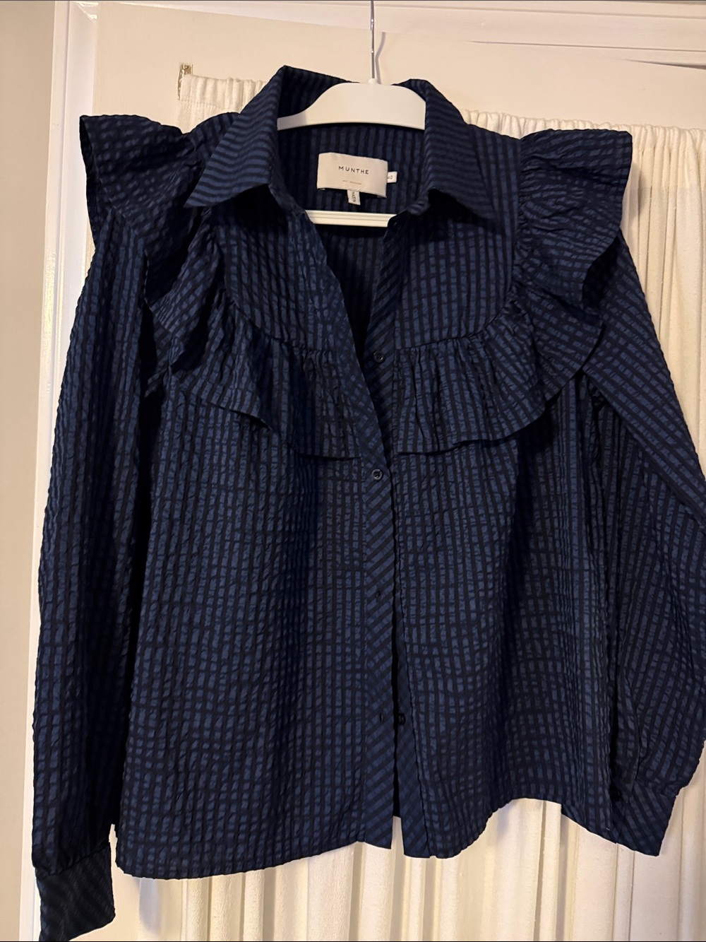 Munthe Navy Stripe Ruffle Button-Down Blouse